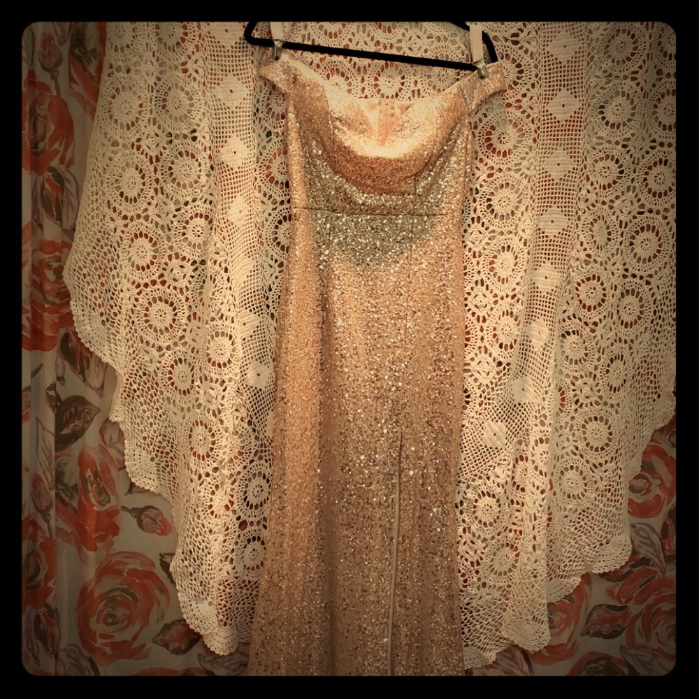 Off Shoulder Rose Gold Sequin Gown